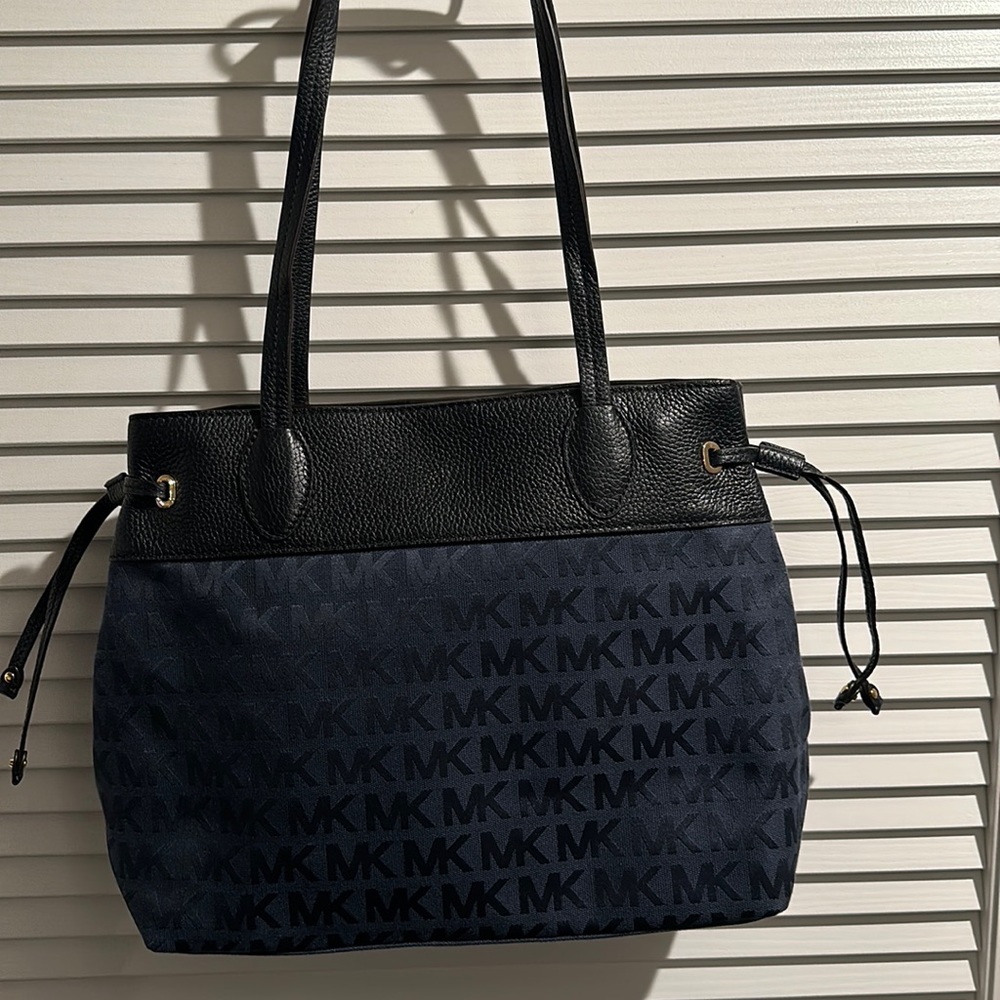 MICHAEL KORS Navy Blue Canvas/Leather Shoulder Bag with Side Tassels.